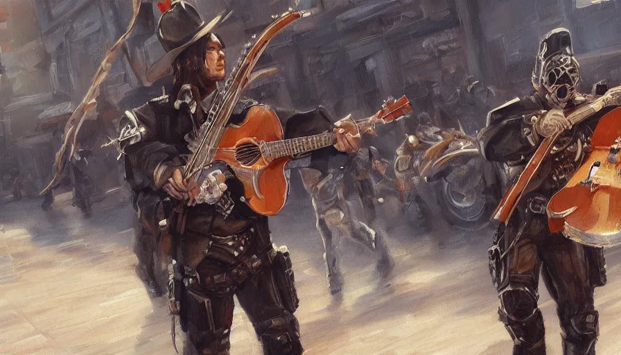 Image similar to concept art of mariachi, cinematic shot, aaa game concept art oil painting by jama jurabaev, extremely detailed, brush hard, artstation, high quality, brush stroke