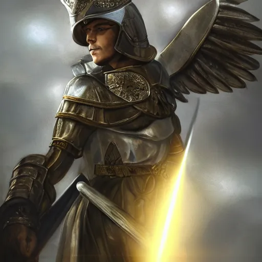 Image similar to an archangel soldier holds a white sword above his head and points it towards the sky. The sword channels a beacon of light energy down from the clouds which refracts into many shards of light on the tip of his sword, medieval battlefield, artstation, 8k, incredibly detailed art