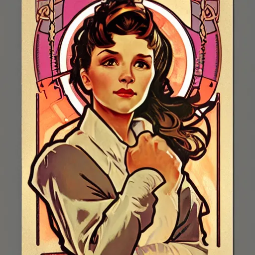 Image similar to a portrait of Rosie the riveter by Alphonse Mucha, art nouveau card, concept art, wlop, trending on artstation, 8k