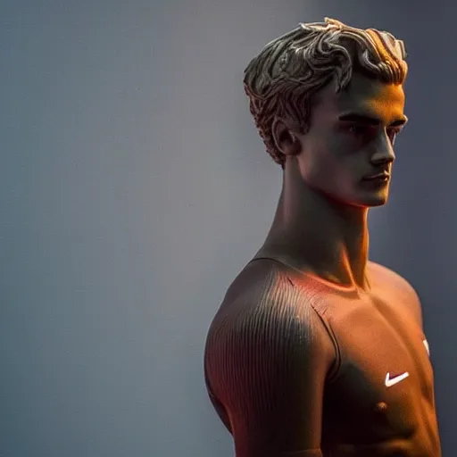 Image similar to “ a realistic detailed photo of a guy who is an attractive humanoid who is half robot and half humanoid, who is a male android, soccer player antoine griezmann, shiny skin, posing like a statue, blank stare, at the museum, on display ”