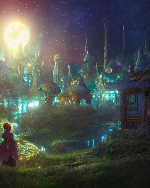 Image similar to girl in solarpunk fantasy village, evening, 4 k, ultra realistic, detailed, epic lighting, starry sky, magical, glowing forest, mushrooms, machines, futuristic building, high detail, masterpiece, trending on artstation by frederic daoust and akihito tsukushi and takeshi nogami