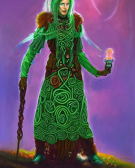 Prompt: celtic scifi druid of the highlands, wearing a lovely dress with cyberpunk details. this oil painting by the beloved children's book author has an interesting color scheme and impeccable lighting.