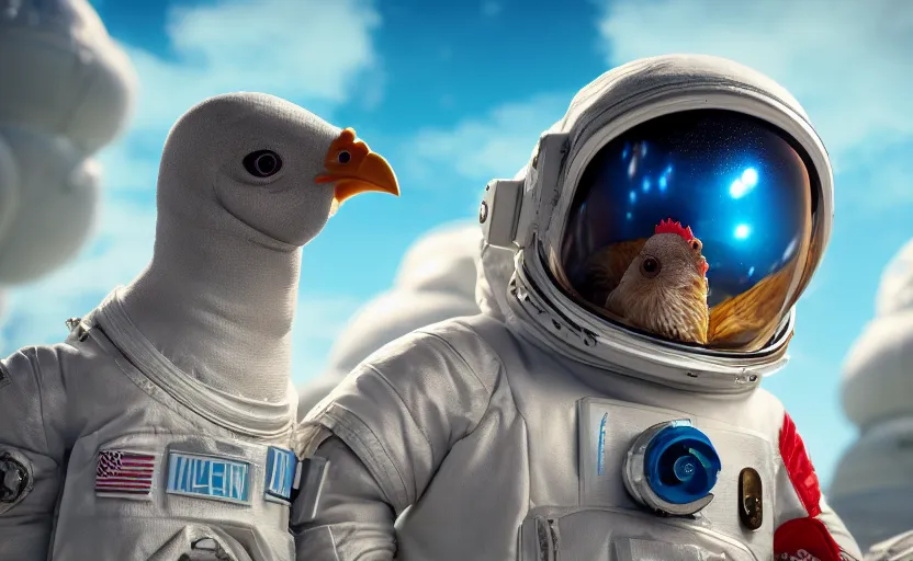 Image similar to a chicken wearing a astronaut suit in a alien planet, profile picture, digital art, concept art, trending on DeviantArt, highly detailed, high quality, 4K, cartoon, high coherence, path traced, blue sky in the background, octane render, digital painting