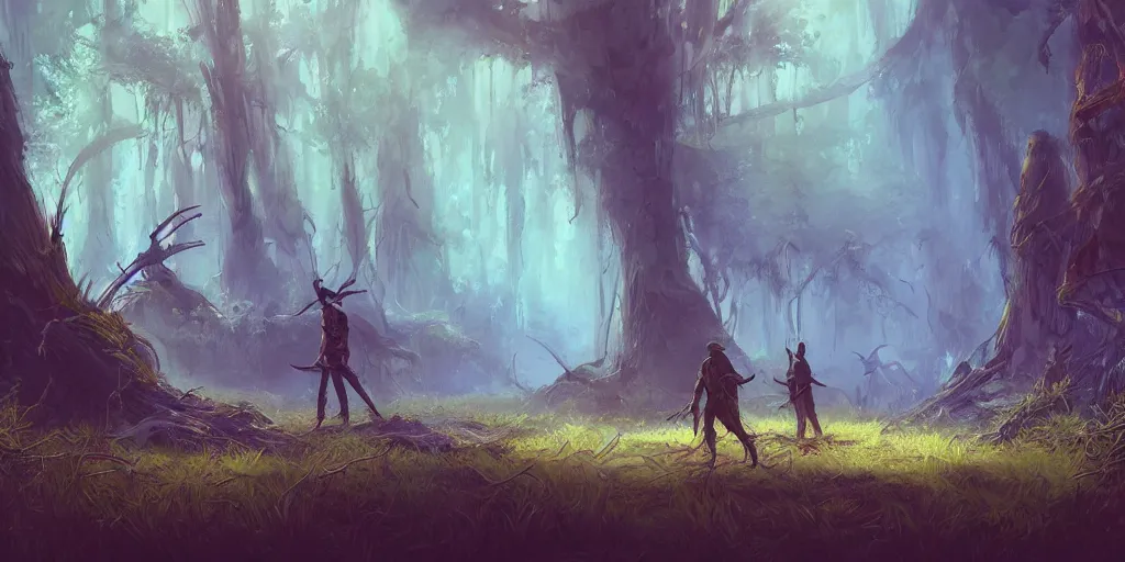 Prompt: ancient reed - people hunting in futuristic spiritual mystical post apocalyptic forest drawn by ron gilbert, dim painterly volumetric aquatic lighting, beautiful, crisp, artstation, highly detailed