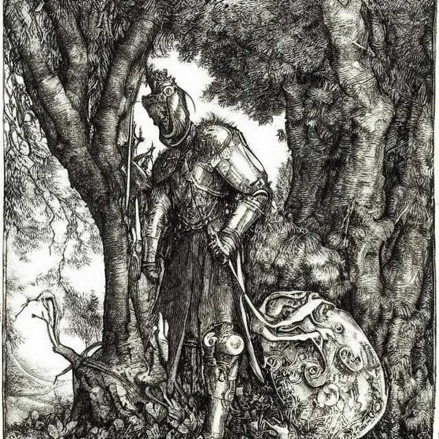 Prompt: “An engraving of a knight in a dark forest by Albrecht Durer, Gustave Dore”