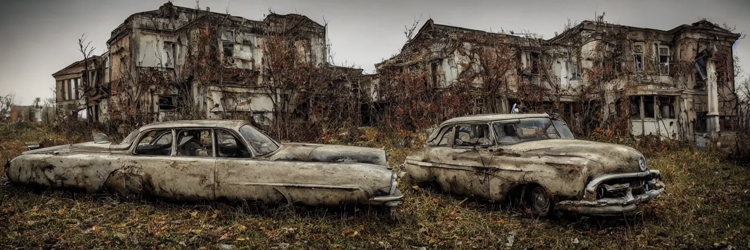 Image similar to low wide angle shot of dilapidated fallout 5 europa, retro futuristic overgrown euro rural town, desolate, dilapidated houses, few rusted retro futuristic vintage parked vehicles like cars, one shiny vintage motor, volumetric lighting, photorealistic, daytime, autumn, cold sunny weather, sharp focus, ultra detailed, 4 2 0 0 k