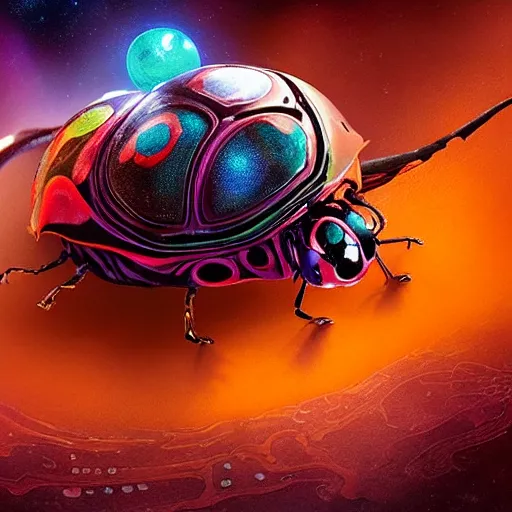 Image similar to film still, future ladybug ( ( descendants ) ), ladybug quadruped with big rgb eyes, huge ladybug mothership, epic cosmos, dramatic lighting, the the hobbit ( film ) blade runner ( film ) genre. imax, 7 0 mm.