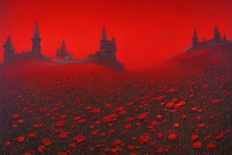 Image similar to only with red, red flowers of different types, a red tiger, a castle in the background, medieval demons dance over the flowers, an ancient path, in the style of beksinski, part by hopper, part by rodcenko, part by hofbauer, intricate composition, red by caravaggio, insanely quality, highly detailed, masterpiece, red light, artstation