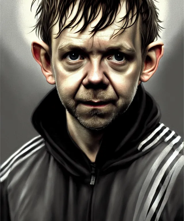 Image similar to a detailed fifty mm portrait of dominic monaghan as a hobbit in a black adidas track suit with white stripes, headshot, highly detailed, digital painting, artstation, concept art, sharp focus, cinematic lighting, illustration, art by met mangindaan, artgerm and greg rutkowski, alphonse mucha, cgsociety