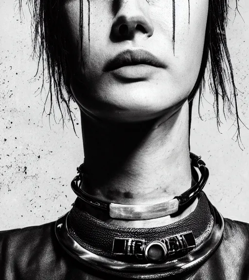 Prompt: detailed realistic female character cyberpunk wearing thick steel collar around neck, realistic, art, beautiful, 4K, collar, choker, collar around neck, punk, artstation, detailed, female, woman, choker, cyberpunk, neon, punk, collar, choker, collar around neck, thick collar, choker around neck,