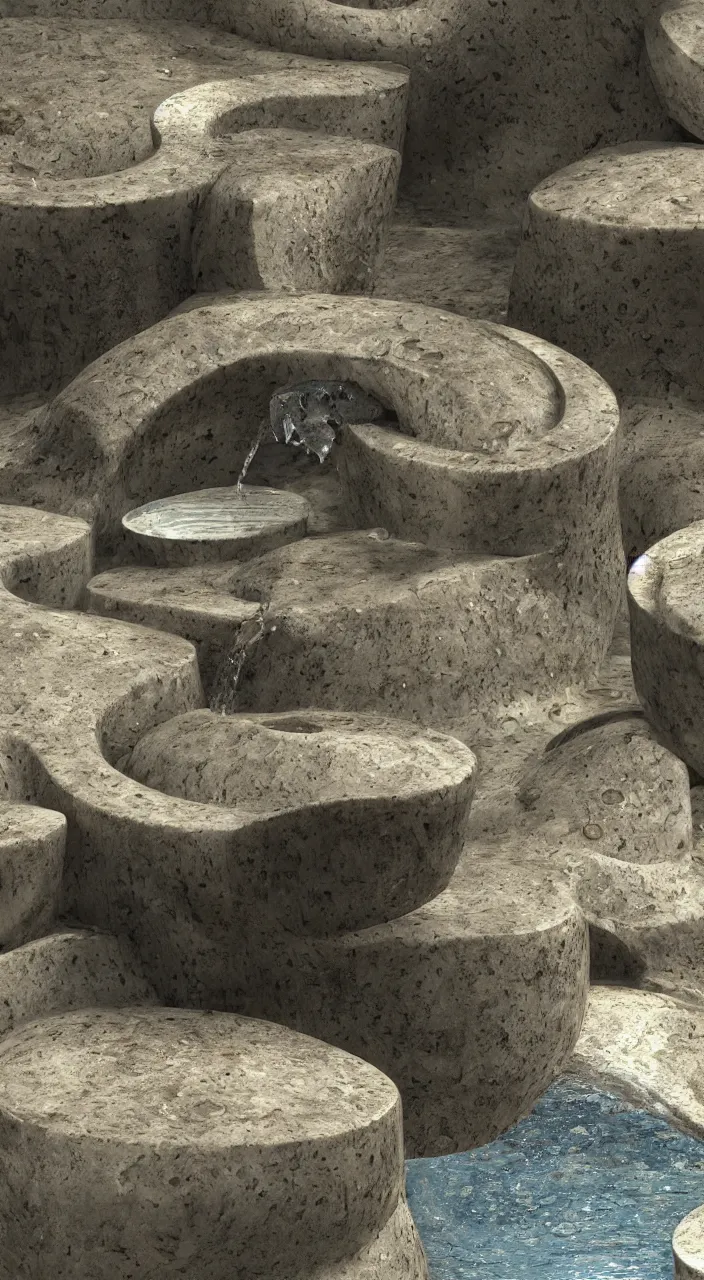 Prompt: a stream of water entering into a machine made from amphoras and producing a large coin, in the style of a futuristic fountain, architectural 3 d render, isometric, engineering, dynamic lighting, clay texture, 8 k