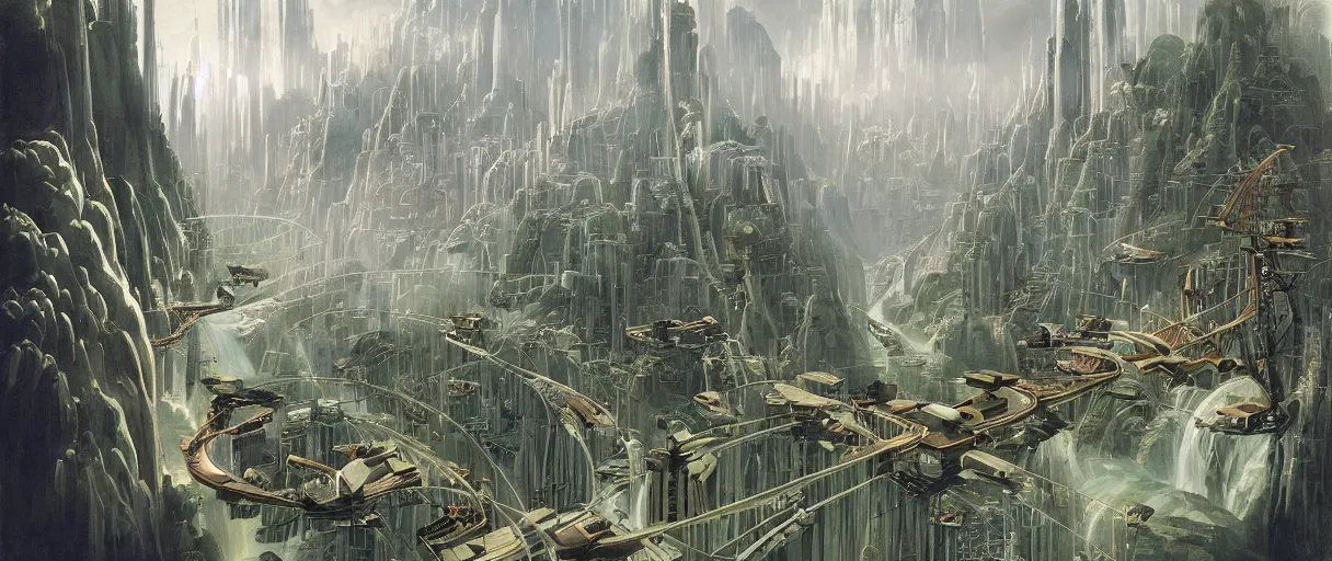 Prompt: A beautiful illustration of a futuristic city of bridges built on a world of waterfalls by Robert McCall and Ralph McQuarrie | sparth:.2 | Time white:.2 | Rodney Matthews:.2 | Graphic Novel, Visual Novel, Colored Pencil, Comic Book:.6 | unreal engine:.3 | | viewed from above | establishing shot:.7