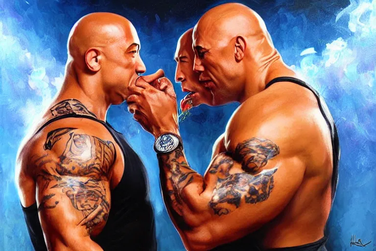 Image similar to portrait of vin diesel and dwayne the rock johnson sharing spaghetti noodle kiss, an oil painting by ross tran and thomas kincade