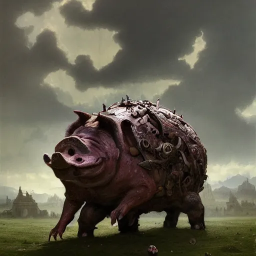 Image similar to A giant sensual pig-monster made of grotesque things in Elden Ring, fullbody, intricate, demonic, video game art, highly detailed, artstation, green field with village ruins, concept art, smooth, sharp focus, illustration, art by greg rutkowski and orientalism and bouguereau and Zdzislaw Beksinski, good clear quality, lighting, biology, symmetrical artwork, perfect face, 135 mm, cinematic, hyper realism, high detail, octane render, 8k, chrome accents