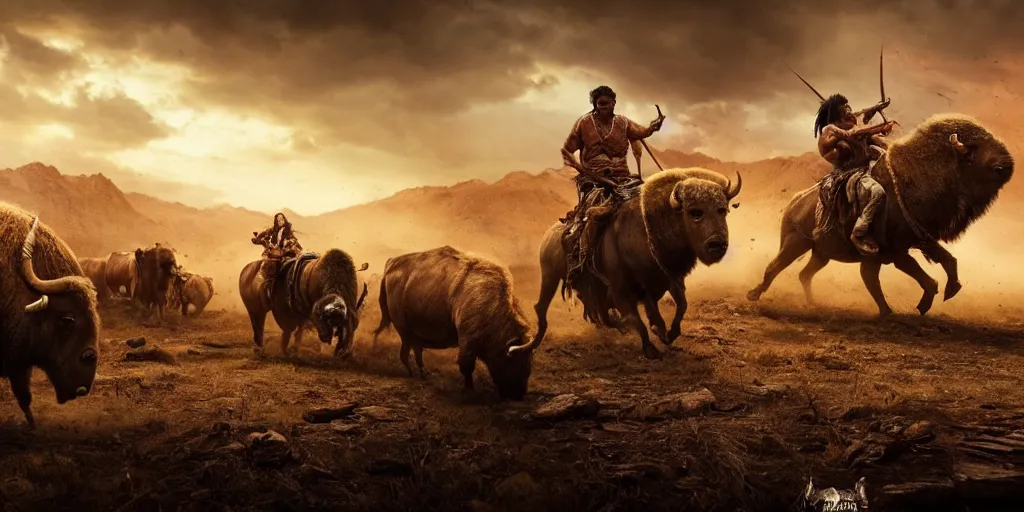 Image similar to indian tribe on wood ATV attacking bisons, action scene, an epic western, dramatic lighting, cinematic, establishing shot, extremely high detail, photorealistic, cinematic lighting, artstation, octane render, old photo, buffalo hunt movie, alpha movie, western