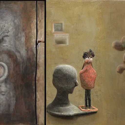 Image similar to a detailed, impasto painting by shaun tan and louise bourgeois of a nonpictoral forgotten sculpture by ivan seal and the caretaker