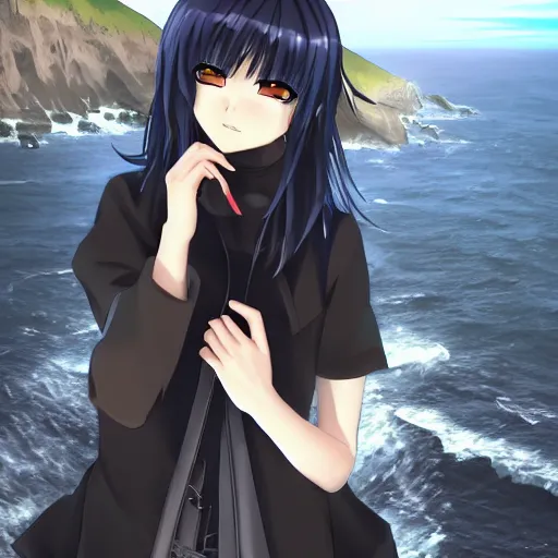 Image similar to 1 7 - year - old anime goth girl, black hair, long bob cut, long bangs, gothic coat, long bangs, standing on cliff along the irish coast, overcast gray skies, ultra - realistic, sharp details, cold lighting, blue and gray colors, intricate details, subsurface scattering, hd anime, 2 0 1 9 anime