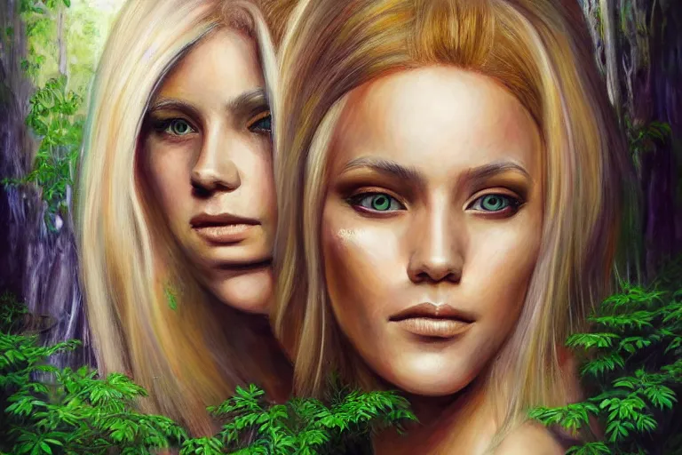 Image similar to realistic detailed portrait painting of a beautiful ghost woman with blond hair with an alien, futuristic sci-fi forest on background