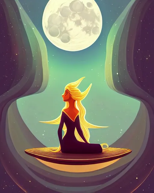 Prompt: beautiful painting of elven sitting on her flying bed and looking at the moon, petros afshar, illustration, highly detailed, simple, smooth and clean vector curves, no jagged lines, vector art, smooth, artstation