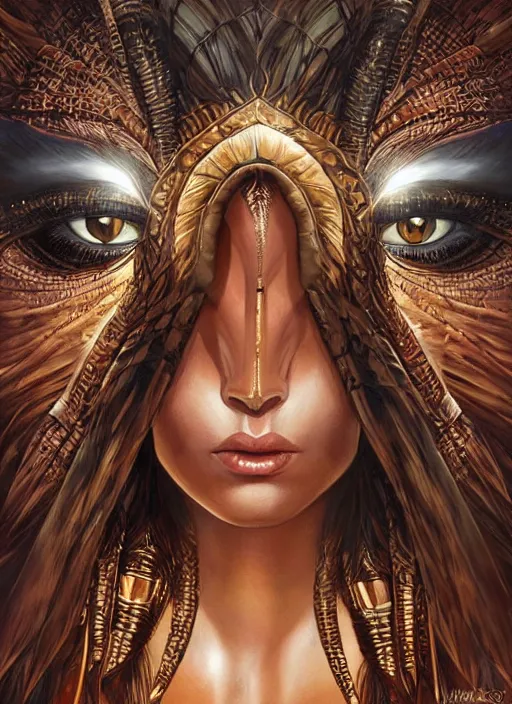 Image similar to a highly detailed symmetrical painting of a female amazon warrior with piercing beautiful eyes in dark tomb setting, dynamic lighting, ambient lighting, deviantart, art by artgerm and karol bak and mark brooks