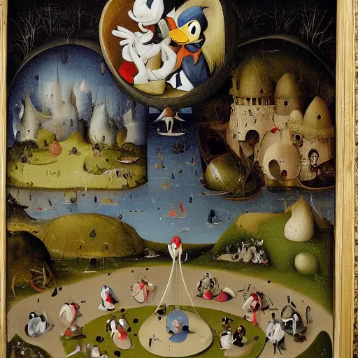 Image similar to donald duck in the garden of earthly delights by hieronymus bosch, hyper detailed, photorealistic.