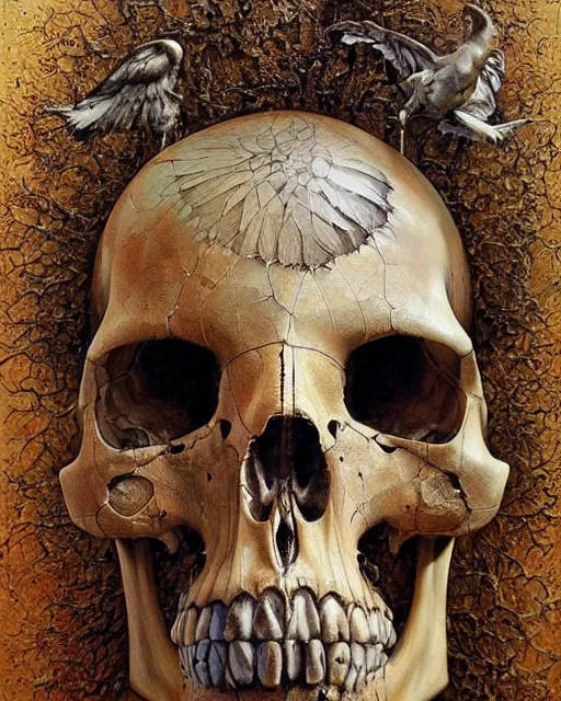 Prompt: realistic detailed statue of sacred bird skeleton, cracked stained skull full of marks, made by Karol Bak and Bernini. Rich colors. Beksinski and painting. Masterpiece