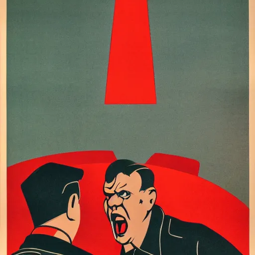 Image similar to soviet propaganda poster of an angry communist developer yelling at his computer