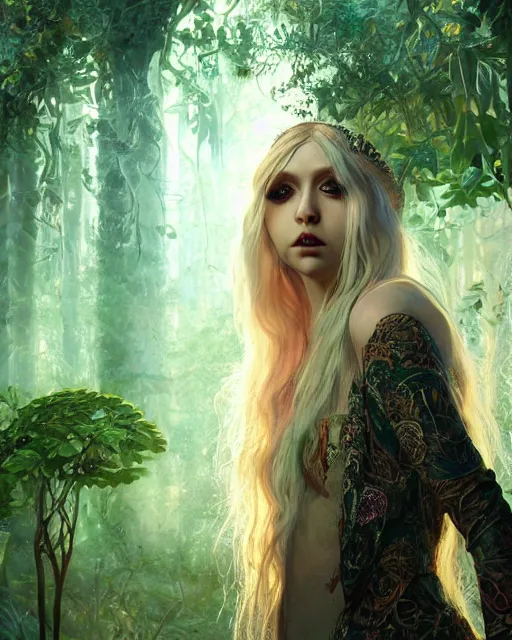 Prompt: Beautiful art portrait of taylor momsen as a fantasy priestess in a bright temple surrounded by lush forest, atmospheric lighting, intricate detail, cgsociety, hyperrealistic, octane render, RPG portrait, ambient light, dynamic lighting