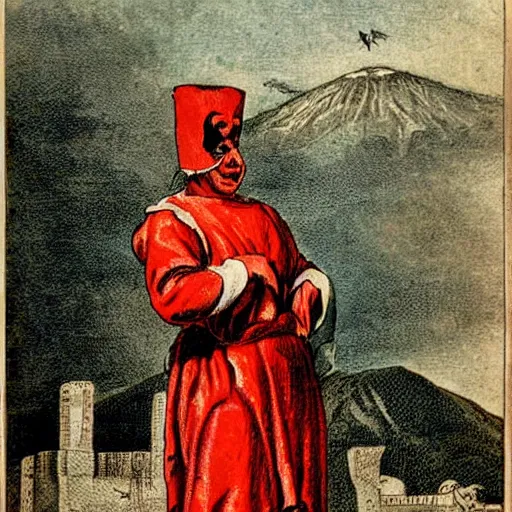 Prompt: Pulcinella with a sinister look on his face in front of Vesuvius