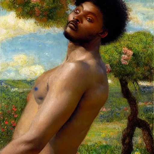 Prompt: east african man with curly hair, full body, fedosenko roman, j. w. godward, jose miguel roman frances, intricate details, countryside, dreamy, impressionist, figurative