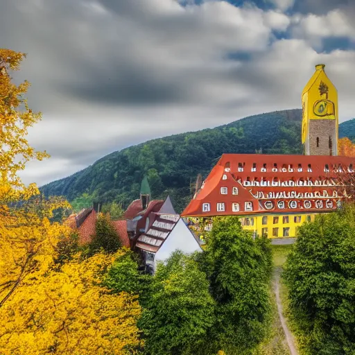 Image similar to a large yellow building with a steeple on top of it, up a hill, a picture by werner andermatt, shutterstock contest winner, heidelberg school, wimmelbilder, hdr, sabattier filter