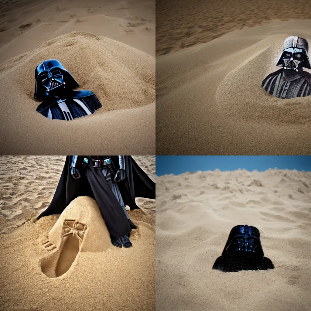 Prompt: darth vader buried in a pile of sand