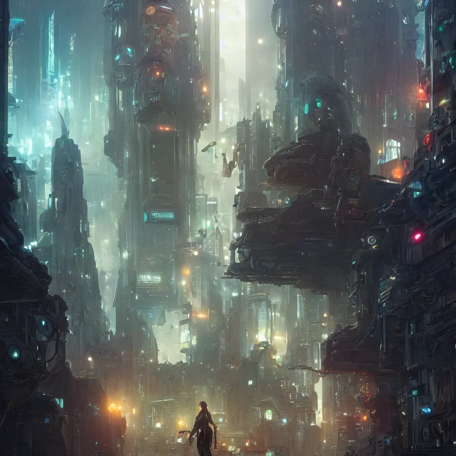 Image similar to portrait of cyborg in futuristic city, stephen bliss, unreal engine, fantasy art by greg rutkowski, loish, rhads, ferdinand knab, makoto shinkai and lois van baarle, ilya kuvshinov, rossdraws, tom bagshaw, global illumination, radiant light, detailed and intricate environment