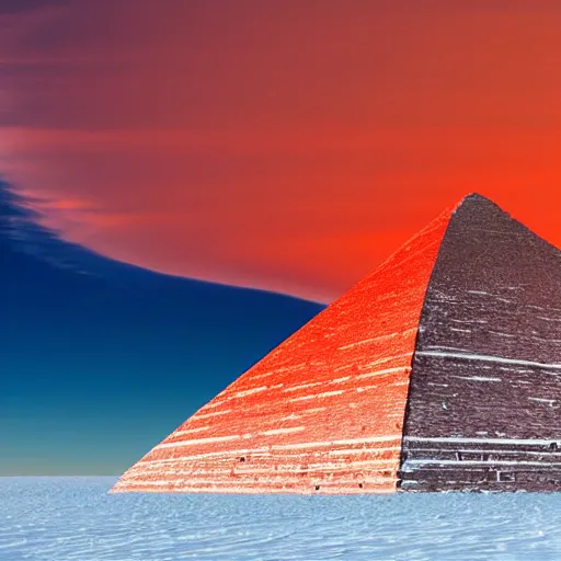 Image similar to huge pyramid in Antarctica, war, real, blue sky, smoke, red clouds, detailed, award winning, photograph, cinematic