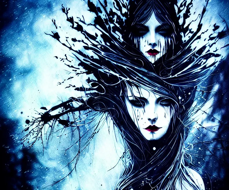 Prompt: stunning otherworldly gothic goddess of ice, dark and mysterious, atmospheric, ominous, eerie, cinematic, epic, 8 k, 4 k, ultra detail, ultra realistic, rendered by awesomeness. nights falling wind is blowwing snow is pilling concept art in style of carne griffiths artwork by xsullo