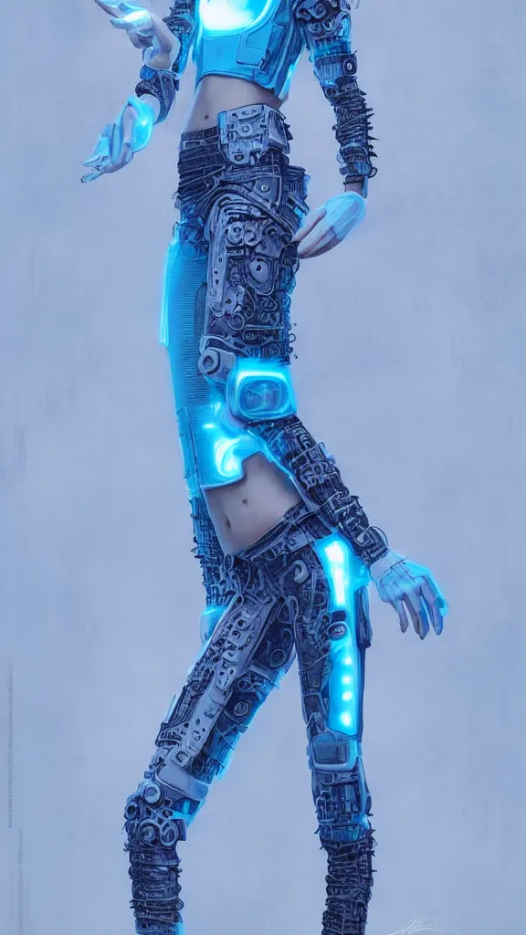 Image similar to full body shot of young punk woman dressed in futuristic cyberpunk clothing, soft blue light, by rineke dijkstra and artgerm, intricate details, highly detailed, masterpiece, 8 5 mm