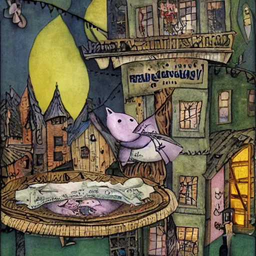 Image similar to bats picking up wishes for delivery at the Wish Factory, Wimmelbilder book by Brenda Haw, cut-away, find the hidden object, whimsical, cel-shaded, hyperdetailed, intricate, ArtStation