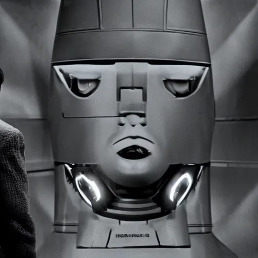 Image similar to movie scene of a man with a big robot head, movie still, acting, cinematic composition, cinematic lighting, Movie by David Lynch and Andrzej Żuławski