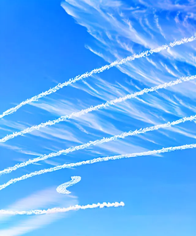 Prompt: thin cloud trails loops in cursive on clear blue sky, skywriting