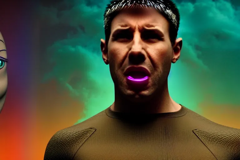 Image similar to a large digital hologram of a screaming face suspended in the air, photography by fred palacio medium full shot still from bladerunner 2 0 4 9, sci fi, bladerunner, canon eos r 3, f / 3, iso 2 0 0, 1 / 1 6 0 s, 8 k, raw, unedited