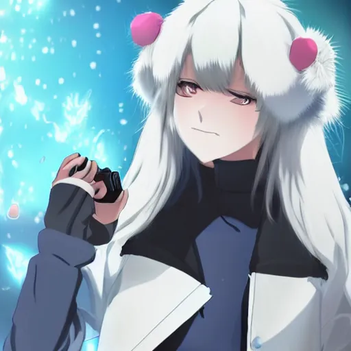 Image similar to an anime girl with white hair, polar bear ears, and an open, black coat playing a video game. drawn in an anime art style