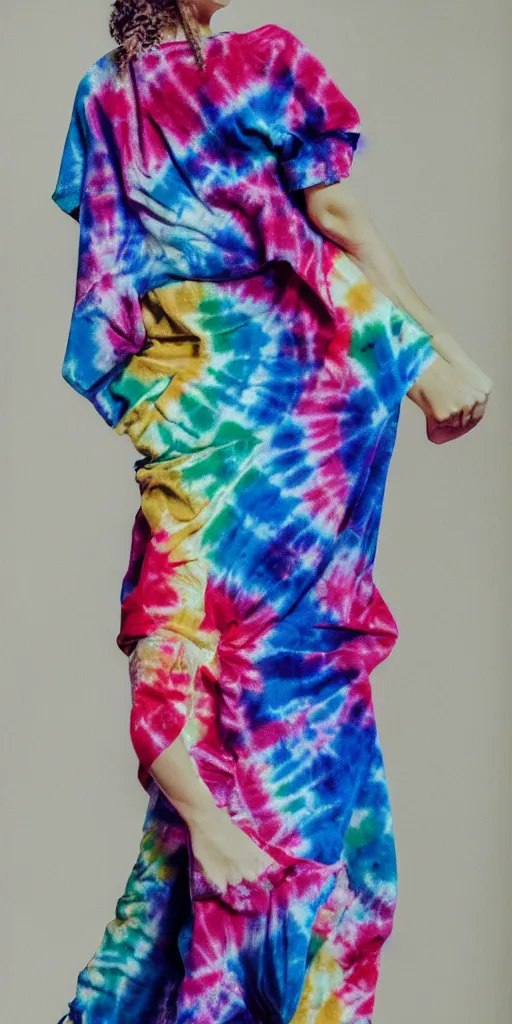 Image similar to a beautiful woman model dressed in a tie - dye dress, studio photo, hyperrealistic