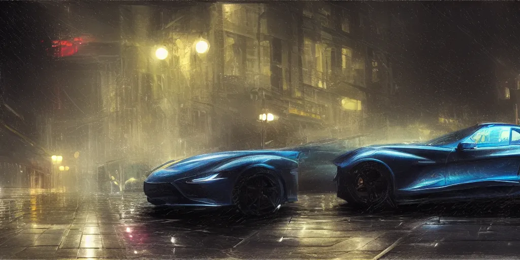 Image similar to full view of a sport car, on wet street at night, painted in dark color holographic pearlescent, almost ghosty-like, elegant, digital painting, concept art, smooth, sharp focus, art style from Wang Ke and Greg Rutkowski and Bruce Kaiser and Scott Robertson and Dmitry Mazurkevich and Doruk Erdem and Jon Sibal, small style cue from Mad Max