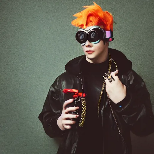 Image similar to kodak portra 4 0 0 photograph of a cybergoth guy wearing goggles and eclectic jewelry, telephoto, 9 0 s vibe, blurred background