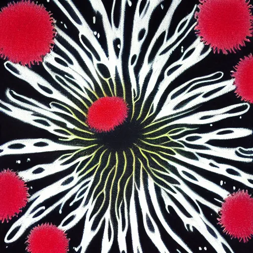 Image similar to a painting of a bunch of flowers on a black background, an ultrafine detailed painting by otto piene and ross bleckner, behance contest winner, nuclear art, biomorphic, dye - transfer, calotype