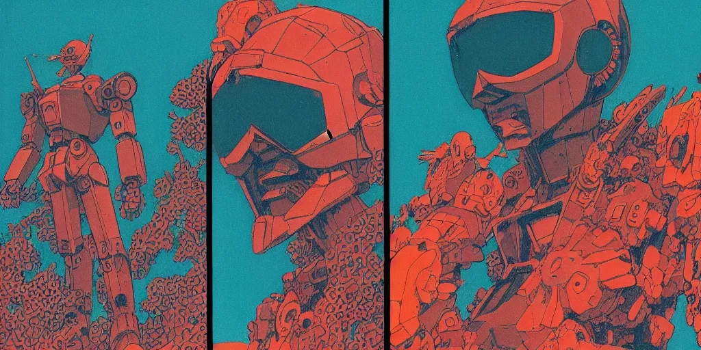 Image similar to risograph grainy drawing vintage sci - fi, satoshi kon color palette, gigantic gundam full - body covered in dead coral reef, 1 9 8 0, kodachrome, natural colors, comicbook spreadsheet, codex seraphinianus painting by moebius and satoshi kon and dirk dzimirsky close - up portrait