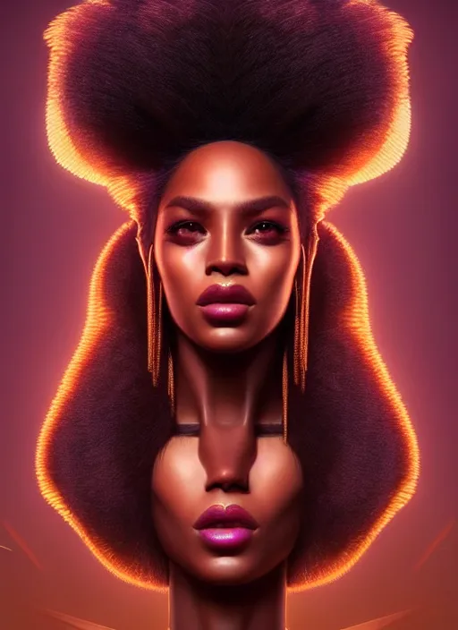 Prompt: portrait of synthwave warrior, intricate, brown skin, sharp focus, octane render, detailed, beautiful, unreal engine, symmetrical!!, loreal, maybelline, sephora, loreal, artstation, art by karol bak, art by artgerm, rossdraws, makeup by pat mcgrath, cinematic, concept art, filmic, vsco