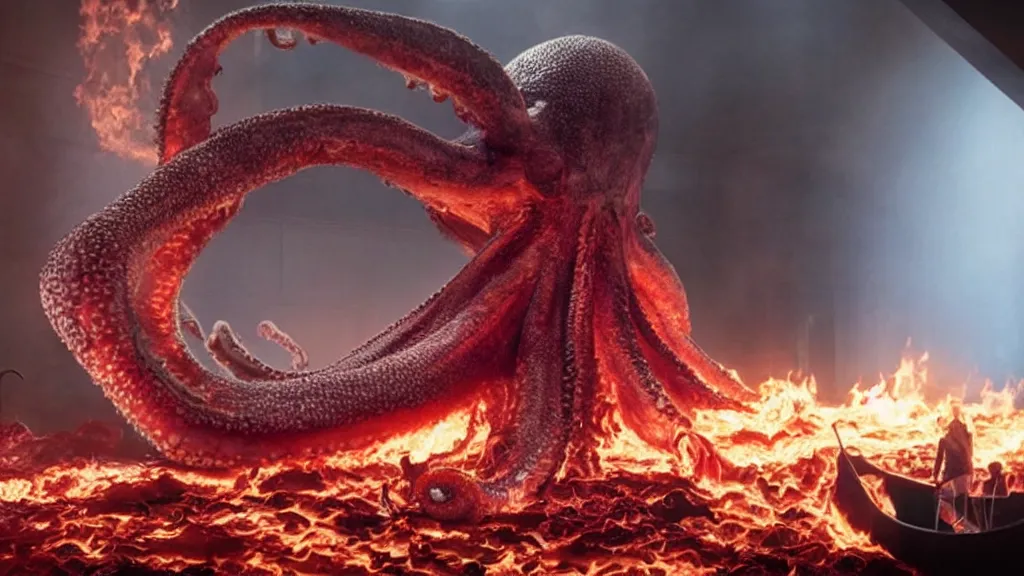 Image similar to a giant octopus made of blood and fire floats through the living room, film still from the movie directed by Denis Villeneuve with art direction by Salvador Dalí, wide lens