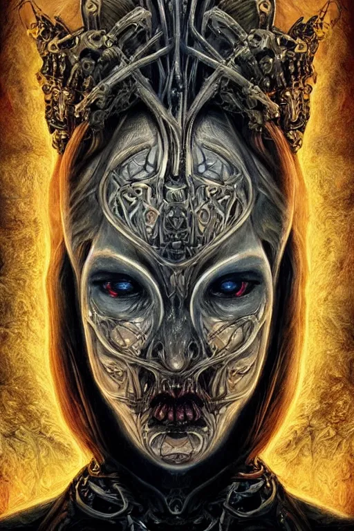 Image similar to Elden Ring and Doom themed painting of majestic chromatic biomechanical anatomical elven female hybrid beautiful ethereal angel symmetrical neutral mask closeup face tattoo pattern golden ratio concept, Neo-Gothic concept, infinity glyph waves, intricate artwork masterpiece, very coherent artwork, cinematic, full frontal facial features by Artgerm, art by H.R. Giger, Takato Yamamoto, Zdizslaw Beksinski, Johnatan Wayshak, Moebius, Ayami Kojima, very anatomically coherent artwork, trending on cgsociety, ultra high quality model, production quality cinema model, high detail chromatic ink outline, octane render, unreal engine 8k, hyper realism, high detail, octane render, unreal engine, 8k, High contrast