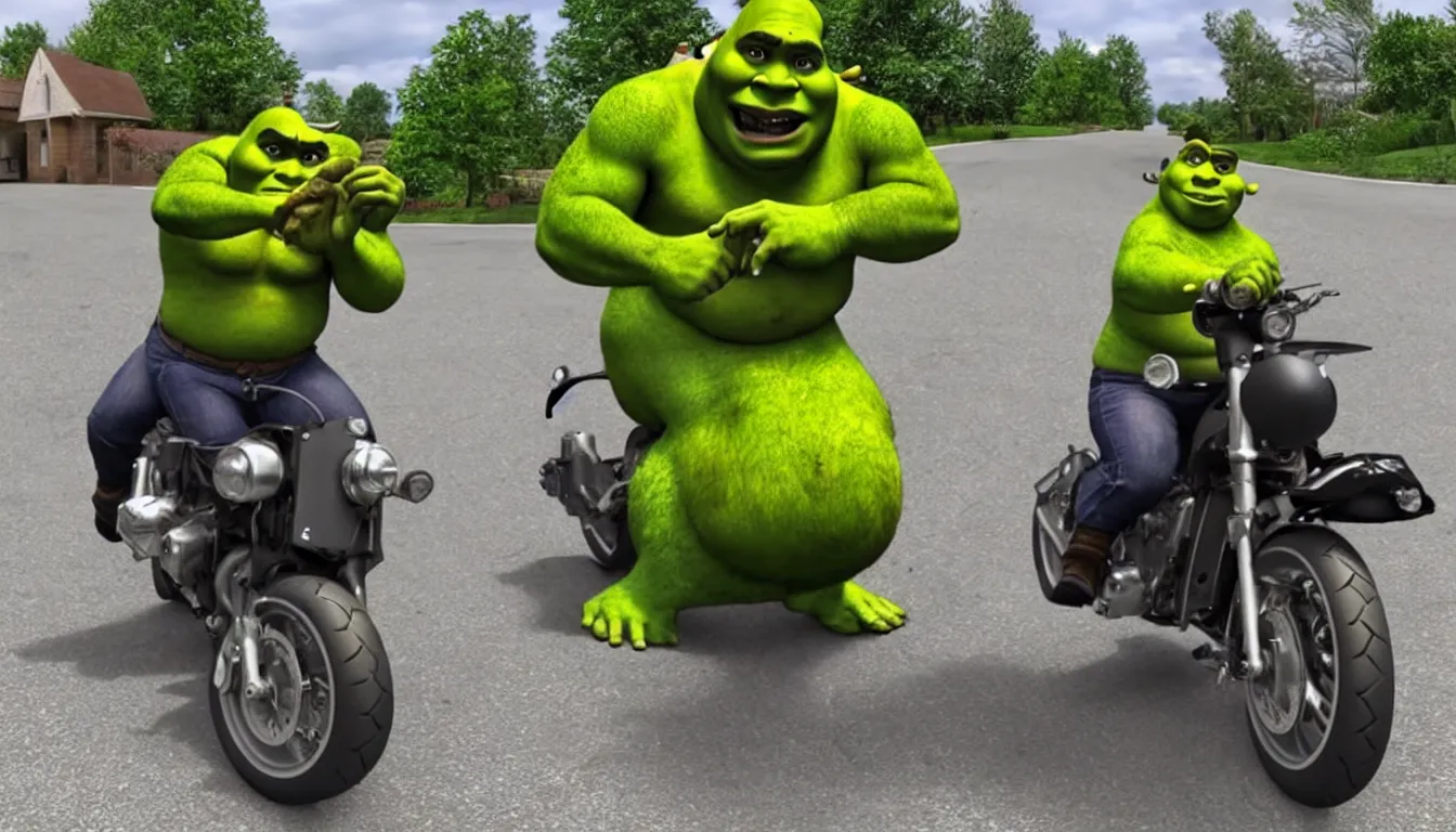 Image similar to doorbell cam footage shrek riding motorbike on one wheel, hilarious, funny, meme, realistic, detailed, 4 k